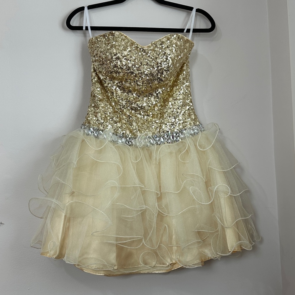 Vintage 80s Gold Sequin Strapless Prom Dress XS Petite